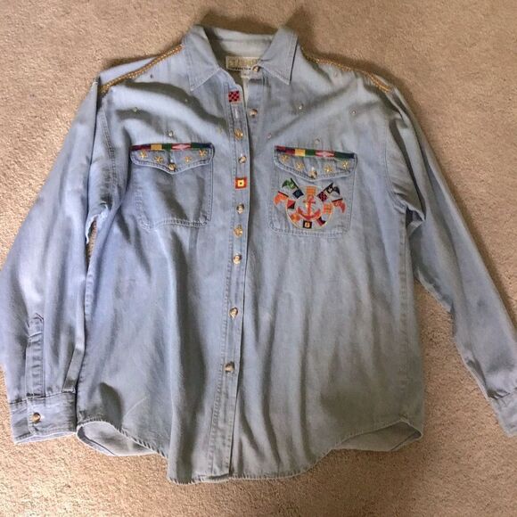 Vintage Cotton Nautical Embroidered Denim Shirt - Picture 1 of 4